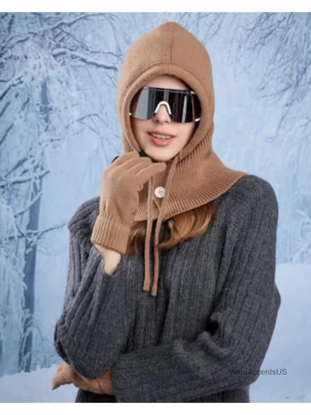 Winter Knit Balaclava & Gloves Set with Buttoned Mouth Cover